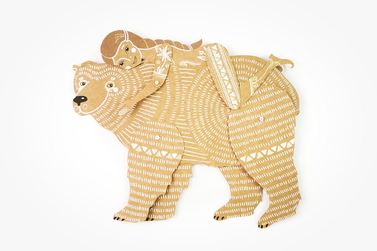 Bear and Girl - Articulated Paper Dolls by Dubrovskaya. Kraft paper, hand painted, MADE To Order.