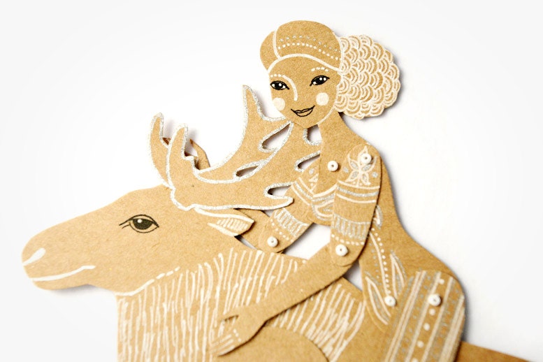 Girl with Reindeer - Articulated Paper Dolls by Dubrovskaya. Kraft paper, hand painted, MADE TO ORDER.