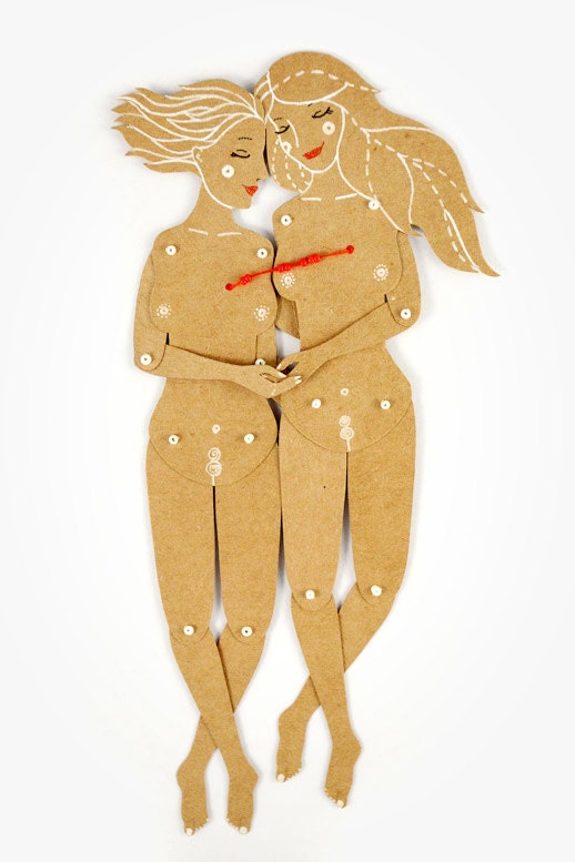 Girls couple - Articulated Paper Doll by Dubrovskaya. Kraft paper, hand painted, MADE TO ORDER.