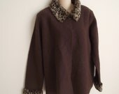 Vintage jacket coat brown boiled wool leopard fur trim  M L