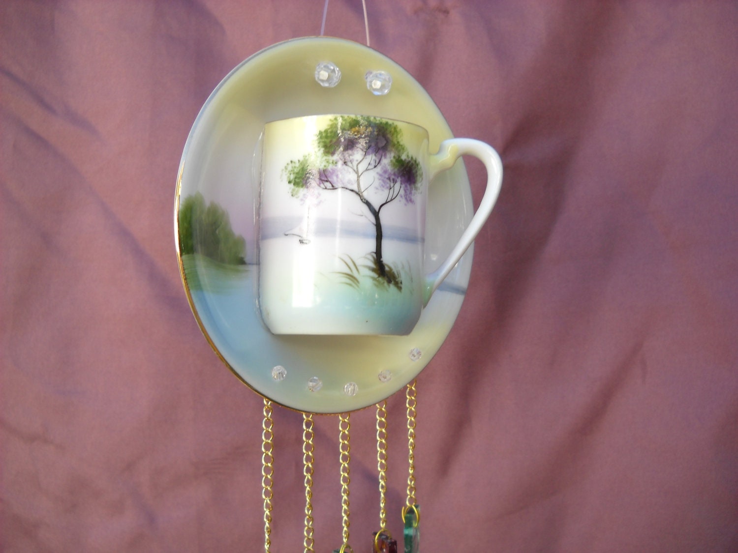 Cottage Shabby Chic Tea Cup Wind Chime upcycled Nortake Japan Garden Art