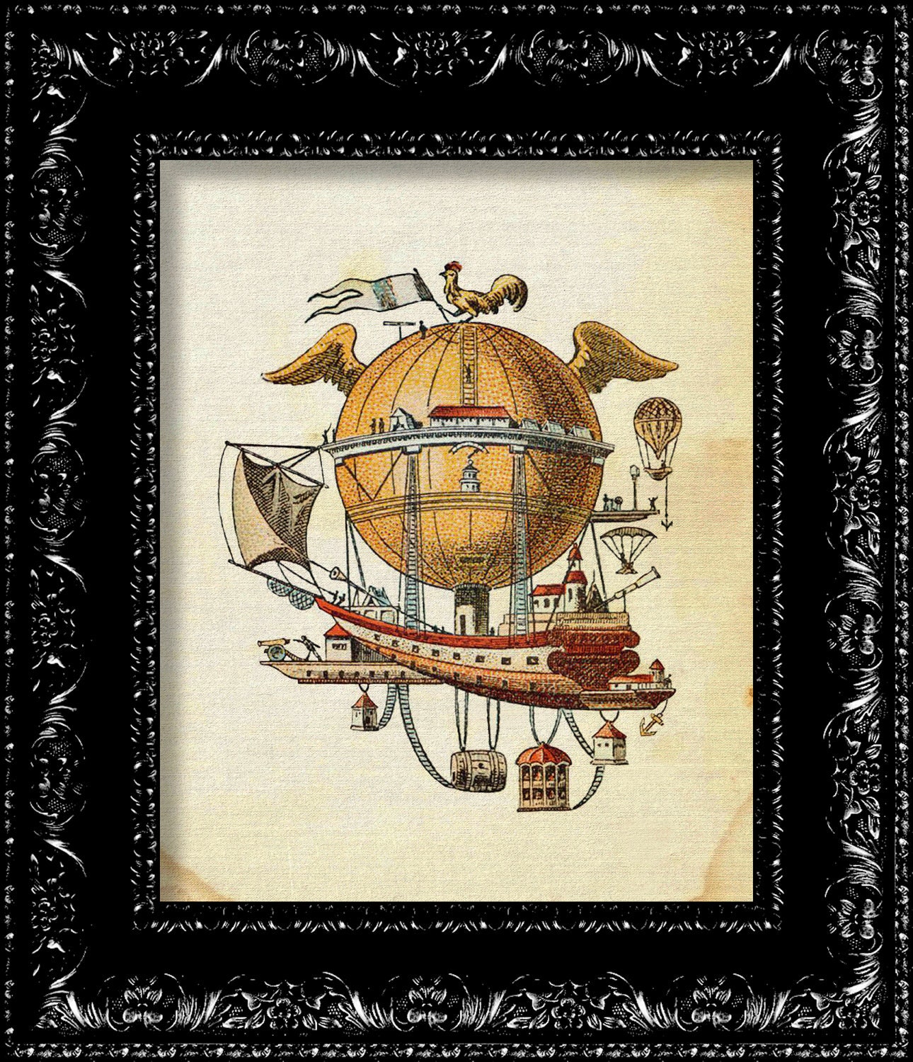 Steampunk Flying Air Machine- Vintage Retro Geekery Inspired - Collage Art Print -  8x10 Art Print Poster