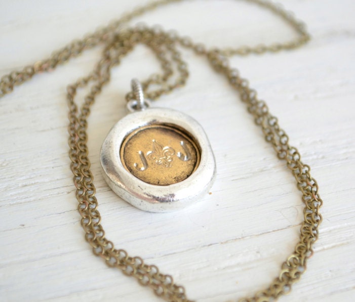 Fleur di lis and initial wax seal pendant heirloom keepsake necklace - Antique brass and silver hand stamed round pendant