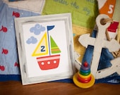 Kid's Nautical Sailboat Wall Art Print, Pottery Barn baby boats, Ocean bathroom, red, green yellow boy's nursery, bathroom decor
