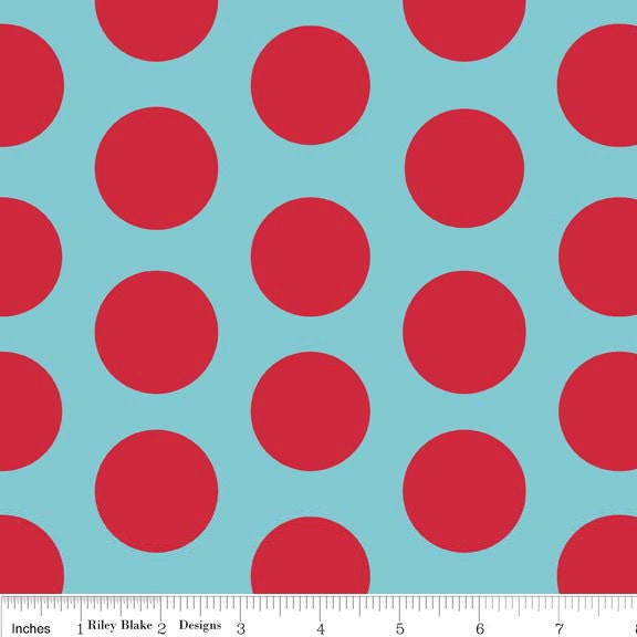 Riley Blake, Large Dots, Aqua/Red, 1 yard