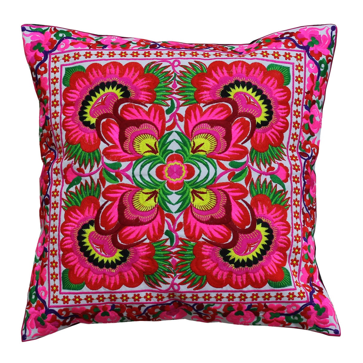 Pink Flowers Hmong Hill Tribe Embroiderd Ethic Cushion Pillows Covers 16" x 16" Light Blue