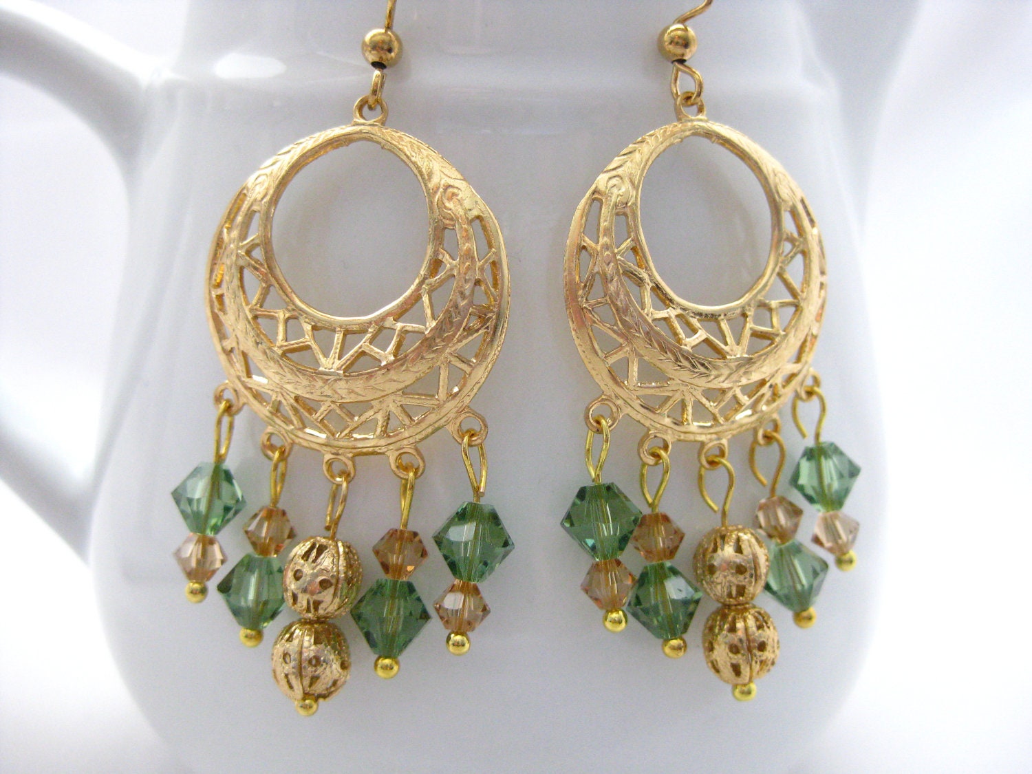Chandelier earrings, hoops, green and gold earrings, crystal earrings, Christmas gift, gifts for her - Beadingbytheshore