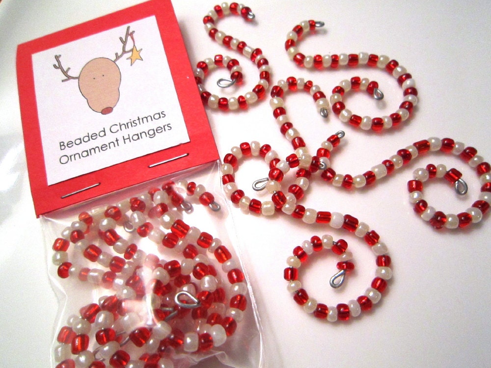 5 Whimsical Curves Beaded Christmas Ornament Hooks Traditional Candy Cane Red and White