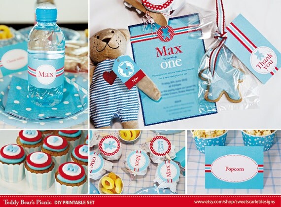TEDDY BEAR Printable Party Set - Invitation, Cupcake Toppers, Party Hat, Banner & more Il_570xn