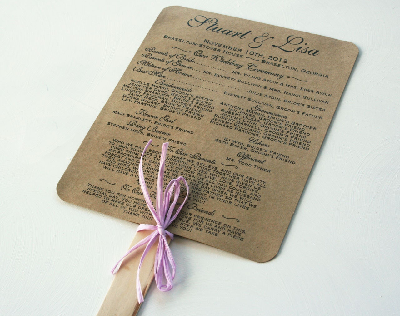 Rustic Program Fan, Recycled Paper Kraft, Modern, Vintage Inspired, Raffia