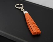 Leather Tassel Keychain, Orange, Silver