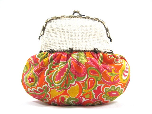 Framed Clutch Purse, Pouch, Cream, Orange, Yellow, Green, Floral