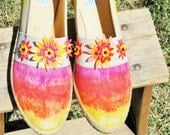 Sunrise Sunset Hand Dyed Womens Shoes Canvas Keds Grasshoppers 8 Slim With Sunflower Daisy Flowers Psalm 113 Vintage Upcycled Eco Friendly
