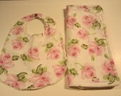 Handmade Upcycled Vintage Chenille pink Rose ,Toddler Bib and Burp cloth set