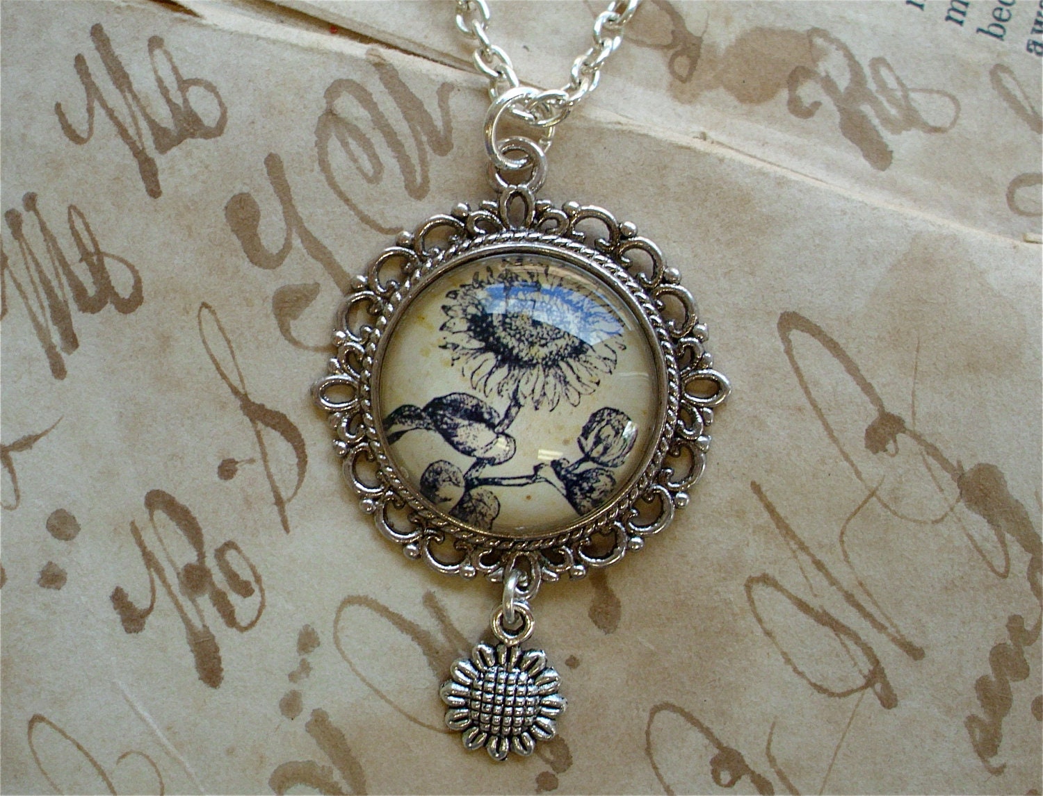 Sunflower Necklace - Sunflower Charm - Antique Botanical Print Pendant W/ Chain in Silver - Spring Summer Jewelry