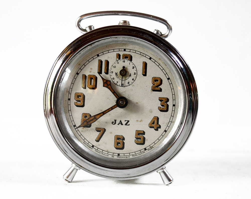 Beautiful vintage French Jaz Metal Alarm CLOCK - LOFT DECO