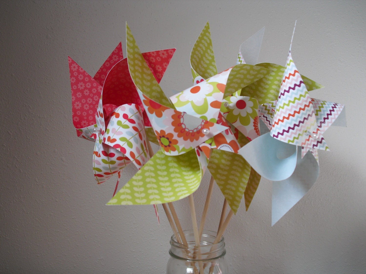 6 Large Spinning Pinwheels- Flower, Zigzag Stripe, Leaf Pattern in Red, Green, and Blue
