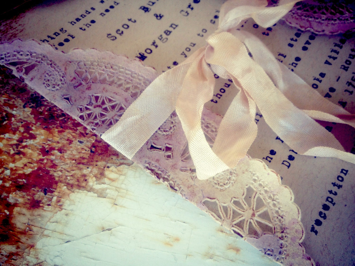 Invitations Pale Purple Doily, Orchid Tea stained Ribbon Wedding, Shower, Tea