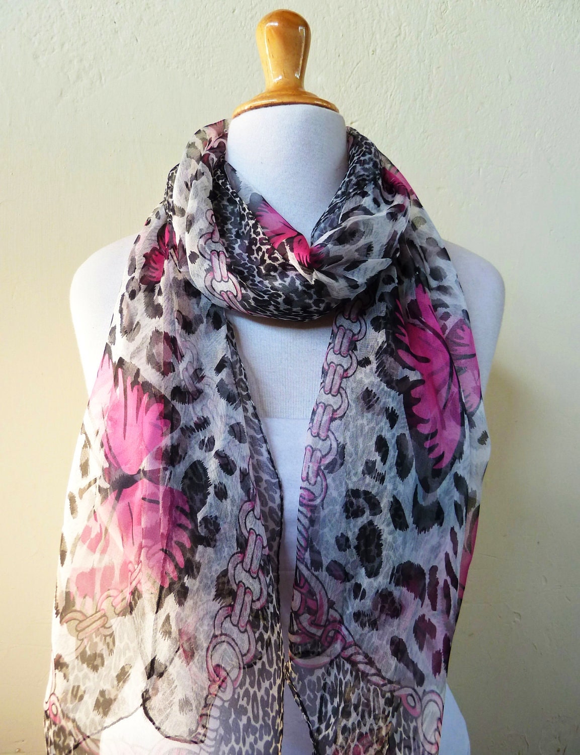 Womens silk scarf BLACK WHITE & Pink with floral print - pure silk - scarflette neckwarmer - Spring / Summer