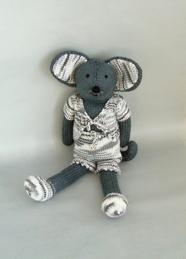 Gray Mouse Soft Toy- Handmade Animal Doll- Stuffed Boy Mouse- Big Ear Mouse- Knit Plush-Cuddle Buddy- Girls-Boys- White and Gray