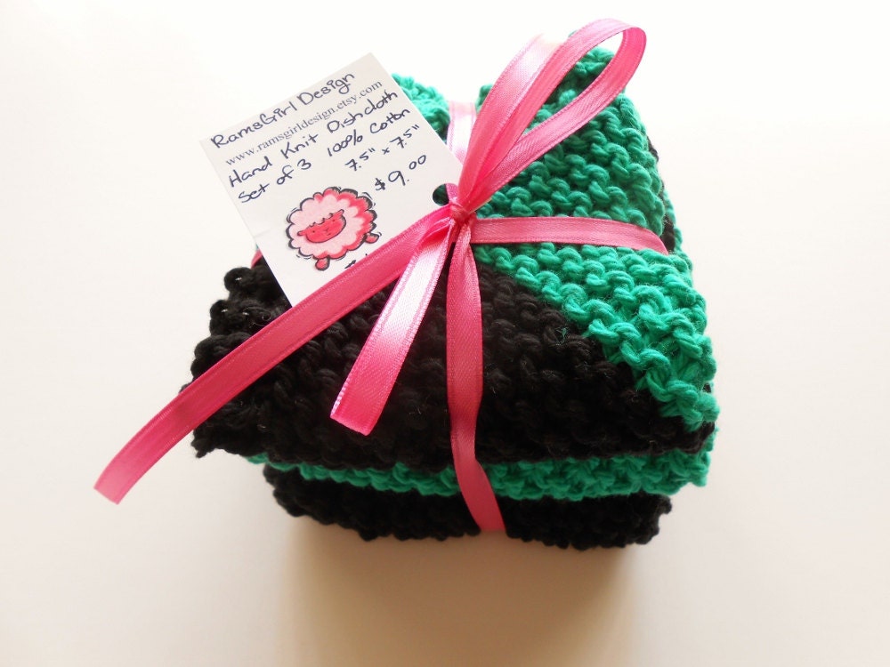 Green and Black Cotton Dish Cloths - Set of 3