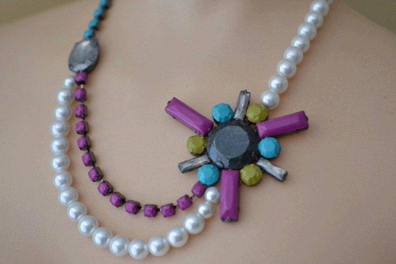 hand painted rhinestone necklace Starburst midcentury modern Aqua Purple Gray