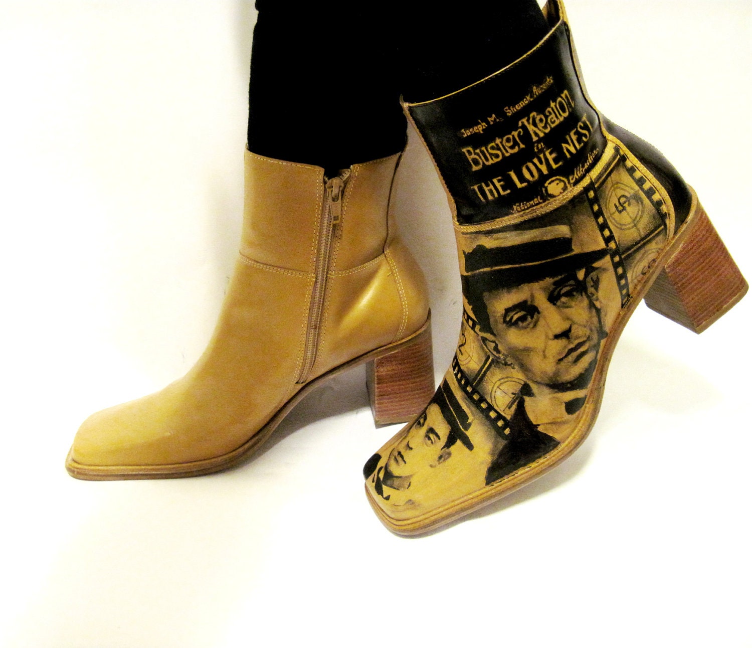 Boots hand painted grunge Buster Keaton leather Women's Size 9 1/2