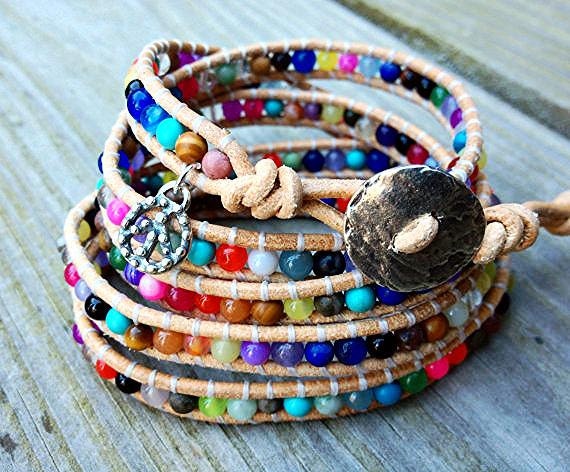 Colorful Leather wrap bracelet with sterling silver peace sign charm 5X black boho bohemian natural earthy trendy