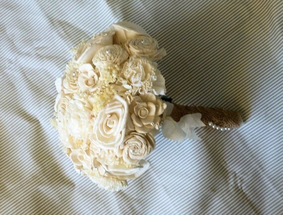 Custom Handmade Wedding Bouquet - Ivory Burlap Bridal Bouquet Keepsake Bouquet Destination Wedding Shabby Chic Rustic Wedding