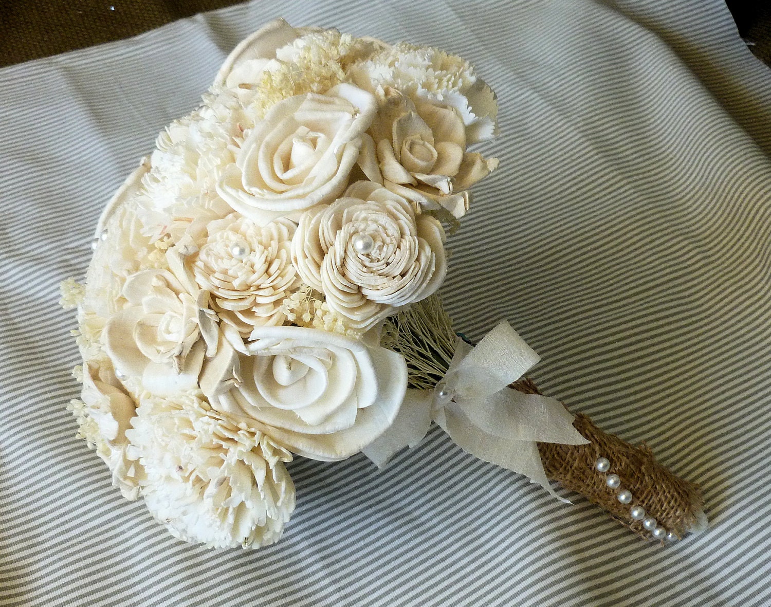 Custom Handmade Wedding Bouquet - Ivory Burlap Bridal Bouquet Keepsake Bouquet Destination Wedding Shabby Chic Rustic Wedding