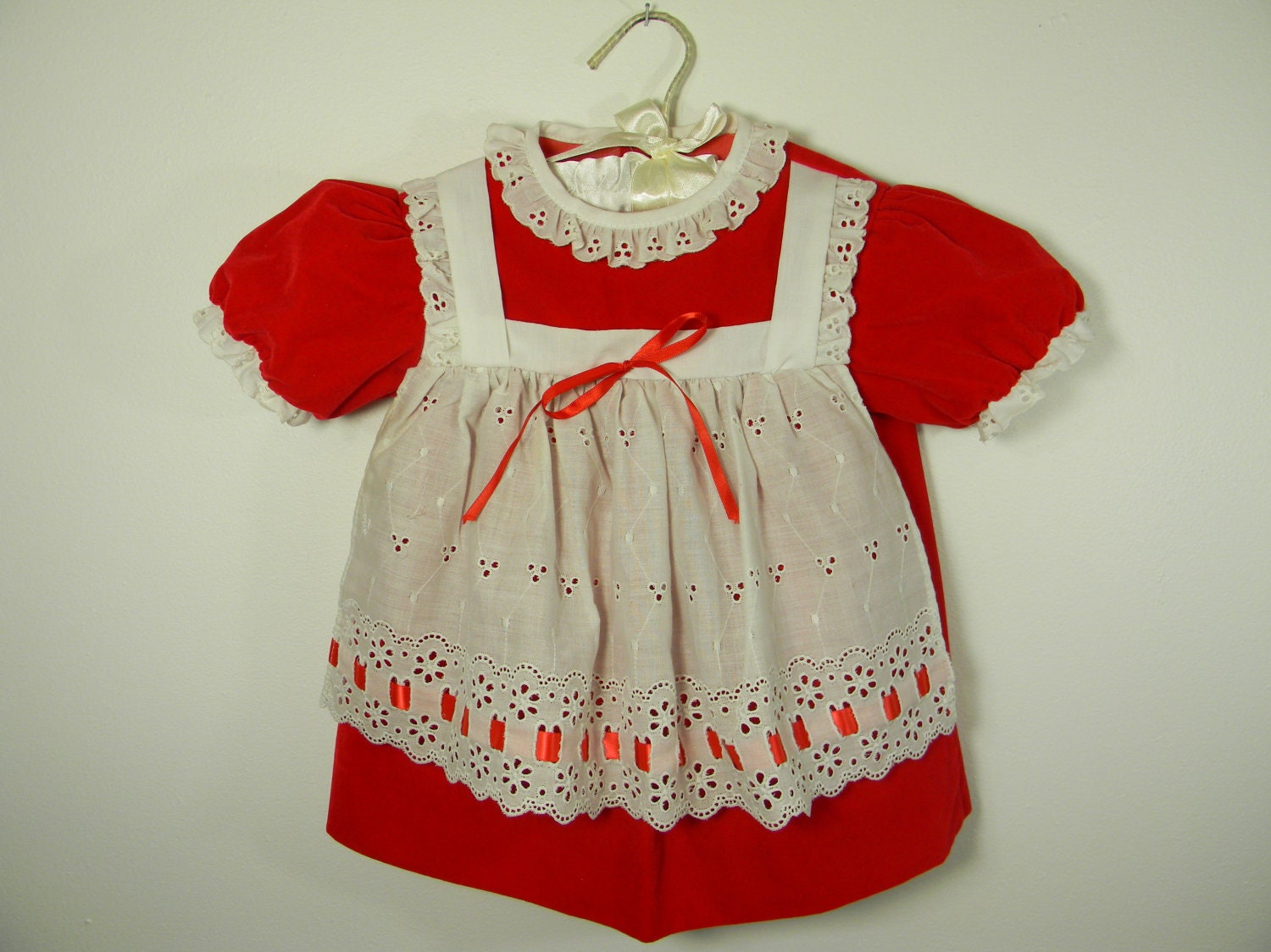 Red Velvet Dress. Pinafore.18-24 Months. White Eyelet Apron and Trim. SALE