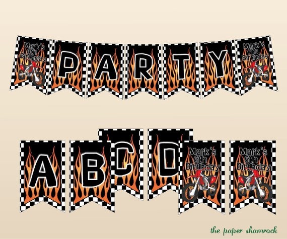 Motorcycle, Flames, Checkered Flag - Printable Banner, Party Banner, Birthday Party Banner Il_570xn