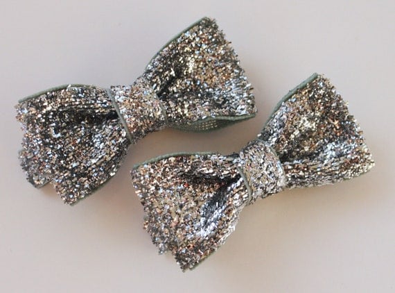 Silver Hairbows, Sparkly Bows, Glitter Miniature Tuxedo Bows, Dance Recital, Christmas, 2 Inch, Set of 2, Glittery, Mini Bow