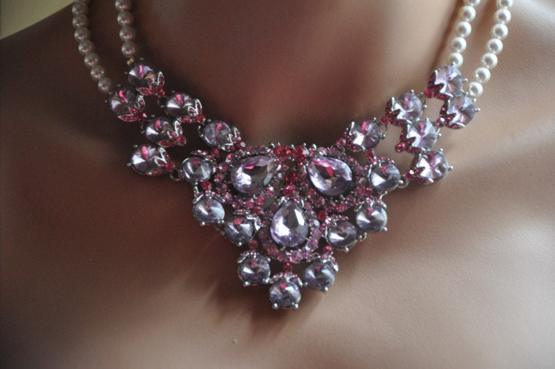 Bridal Jewelry Set,Bridal Statement Necklace,Bridal Rhinestone Necklace,Vintage Style,Pink,Bridal Necklace and Earring Set,Swarovski Crystal
