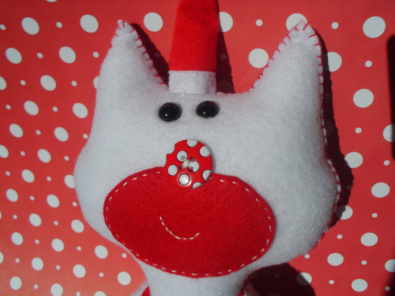 Stuffed White and Red Kitty Cat with Santa Hat Plush Plushie Softie Stuffed Animal  Ooak Christmas Gift Santa Claus
