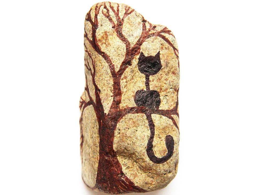 Home Decoration, Black Cat in a Tree, Painted Stone in Black and Brown, Inspired by my Neighbor's Cat Teasing my Dog, TAGT