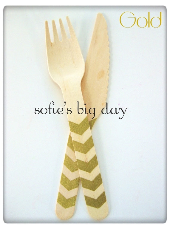 25 METALLIC GOLD Chevron Stripe-Hand Stamped Wooden Utensils Il_570xn