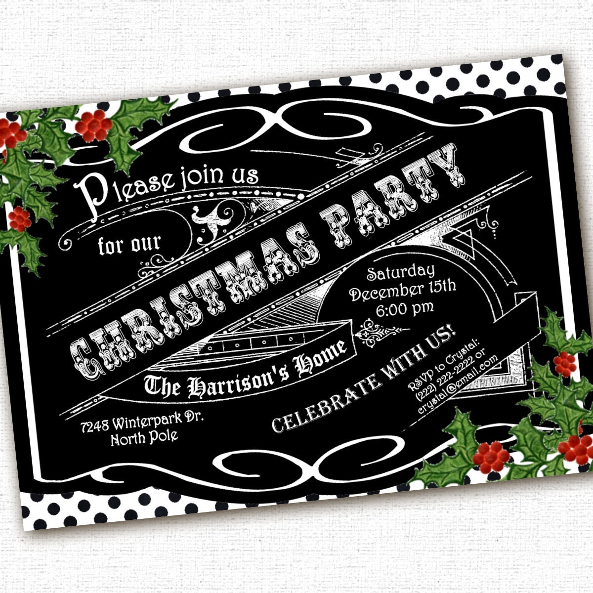 Christmas Chalkboard Party Invitation Custom 5 x 7 DIY Printable File