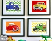 chevron childrens art - transportation wall art prints - retro trucks  - pick your colors, nursery art prints for boys