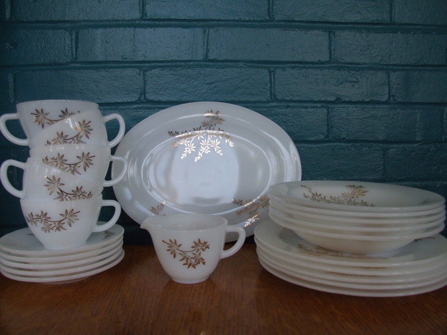 Vintage - 1960s "Golden Glory" Federal Milk Glass Dishware with Gold Bamboo Leaves (Set of 24)