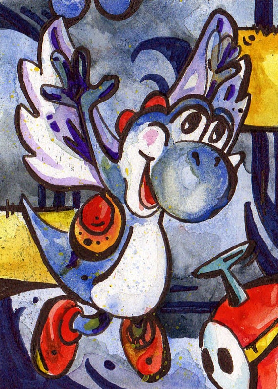 Yoshi - Signed Print of Watercolor and Ink Painting - Nintento Character by Jen Tracy -Proceeds go to Childs Play Charity