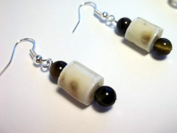 Beaded Earrings, Ceramic and Tigers Eye Earrings, One of a Kind and Ready for Shipping.