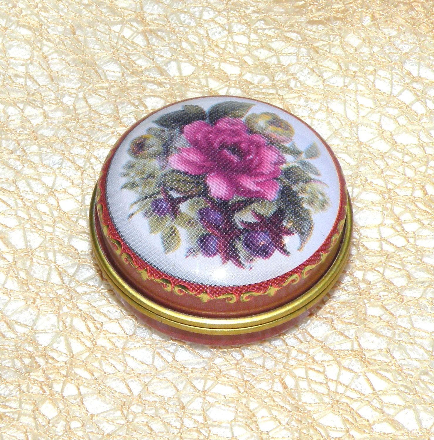 Vintage Candy Tin Purple w/Dark Pink Rose China