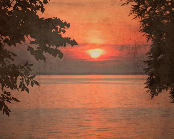 Orange Photography, Rustic Nature Photograph, Lake Photo, Sunset Wall Art, Tree Silhouette Print, Cottage Decor, Fall Colors