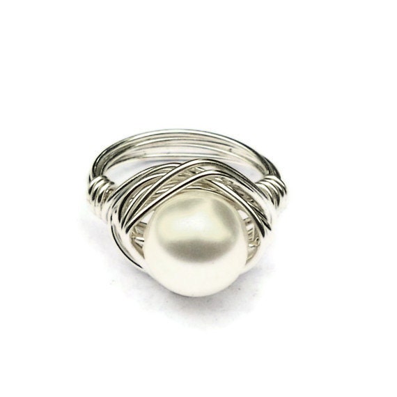 Summer SALE Wire Wrapped Ring, White Pearl Ring, Large Silver Ring-- Pick Your Color