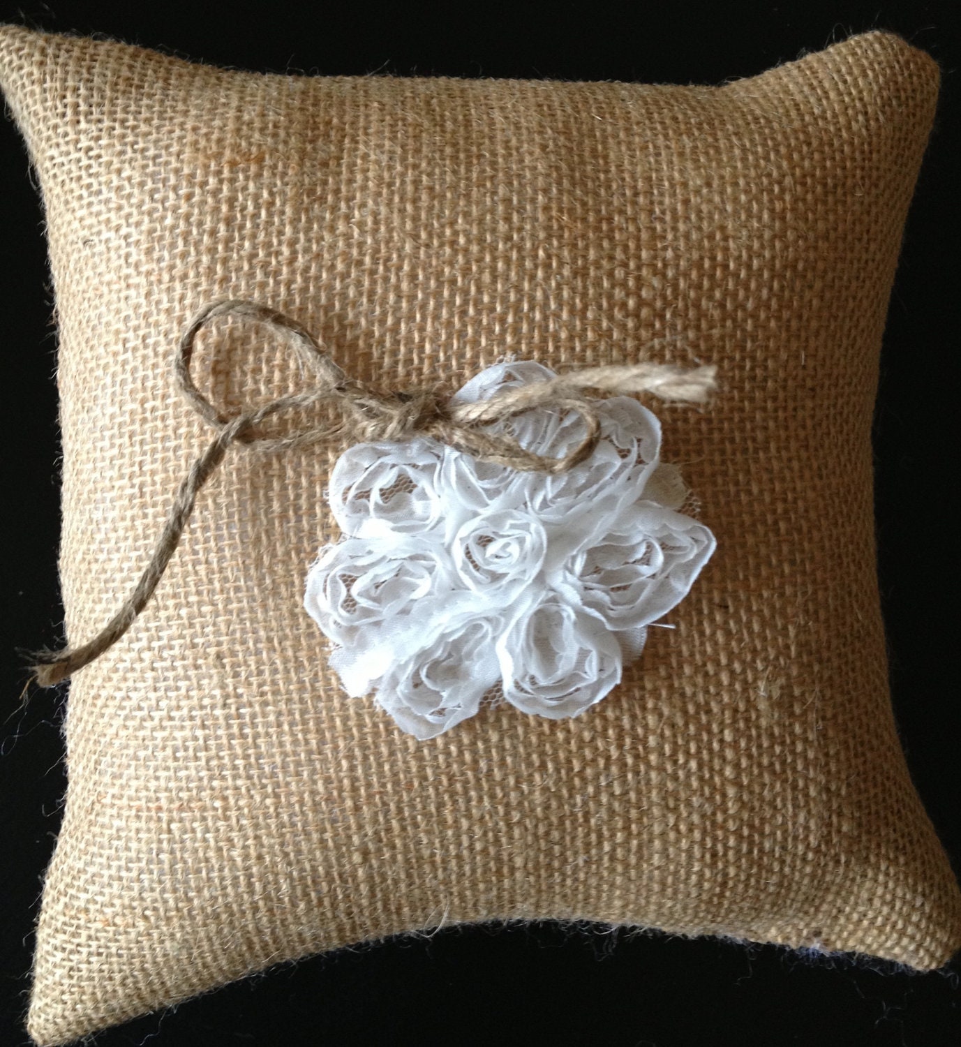 Sweet Burlap Wedding Ring Bearer Pillow (with white tulle flower)