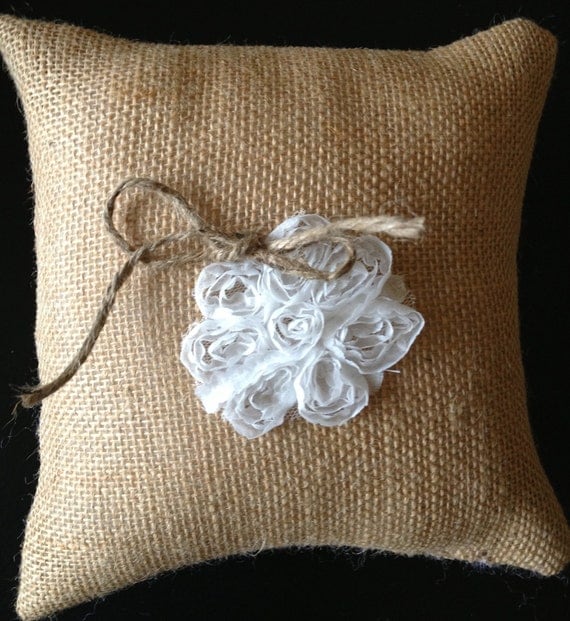 Sweet Burlap Wedding Ring Bearer Pillow (with white tulle flower)