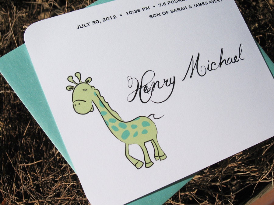 Baby Announcements Custom - Baby Giraffe Green or Pink - Set of 12