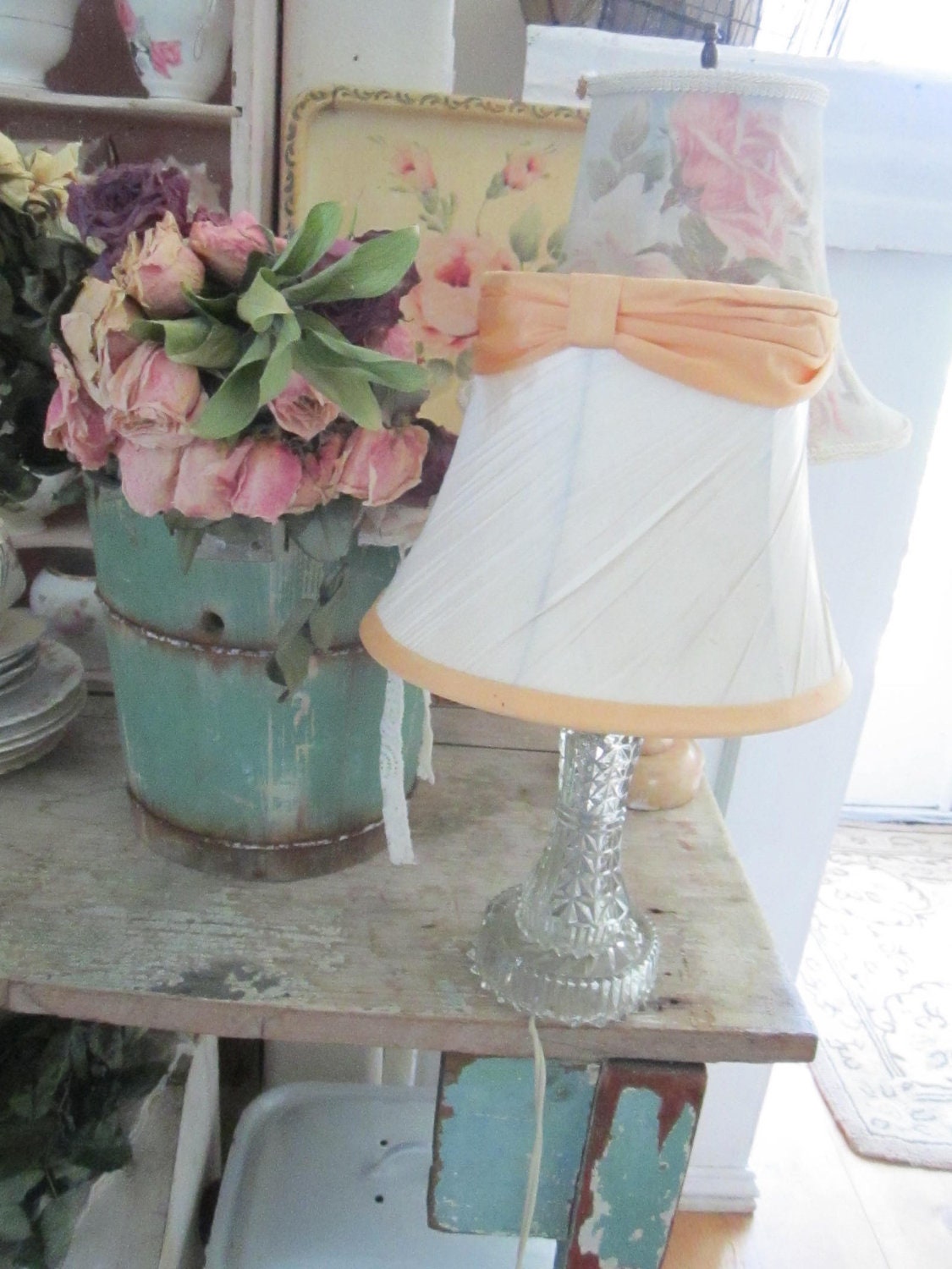 Vintage shabby chic  glass lamp with vintage shade habby chic prairie vintage cottage
