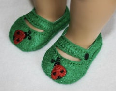 Mary Janes Doll Shoes Ladybug on Green Felt  Easy Slip On fit 18" like American Girl Dolls
